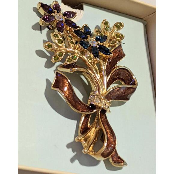 Vintage MONET Fall Flower Bouquet Brooch Pin Jeweled & Enameled Ribbon NIB - Picture 3 of 8
